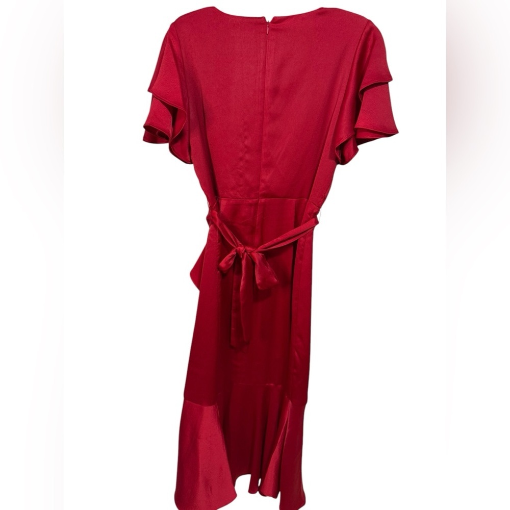 Women's V neck Ruffle Front Red Satin Crepe belted Gown 
Size 8 - Picture 7 of 11